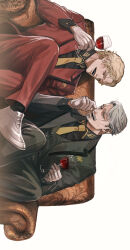 2boys absurdres beard blonde_hair challia_bull char_aznable closed_eyes collared_shirt couch crossed_legs cup drinking_glass facial_hair gloves grey_hair gundam gundam_gquuuuuux hayakuinnitte highres holding holding_cup jacket long_sleeves male_focus military_jacket military_uniform multiple_boys mustache necktie on_couch open_mouth pants shirt short_hair sideways sitting smile white_background wine_glass
