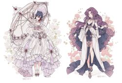 2girls blush boots bow breasts dress elbow_gloves flower frills full_body gloves hair_flower hair_ornament holding holding_umbrella jewelry lemon89h long_hair long_sleeves looking_at_viewer multiple_girls original parasol parted_bangs purple_hair rococo_movement short_hair smile umbrella very_long_hair white_background white_dress yellow_eyes