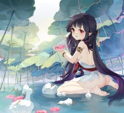 1girl absurdres ai_si_te_yisheng_tui armlet ass baby_animal barefoot bird chinese_clothes duck duckling fantasy flower hanfu highres jewelry loli long_hair lotus lotus_leaf nipples no_panties on_liquid original outdoors oversized_plant pointy_ears pouch purple_hair sitting sitting_on_liquid soles very_long_hair wariza water