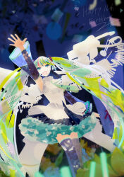 1girl :d abstract absurdres anniversary aqua_eyes aqua_hair aqua_necktie arm_up black_hair black_sleeves blonde_streaks blue_thighhighs blurry blurry_background blurry_foreground collared_shirt commentary dated detached_sleeves dutch_angle eyelashes feet_out_of_frame floating floating_object frilled_shirt frills from_below hair_ornament happy_birthday hatsune_miku hatsune_miku_happy_16th_birthday_-dear_creators- headset highres long_hair masking_tape_(medium) mixed_media multicolored_hair necktie nostrils open_hand open_mouth papercraft_(medium) photo_(medium) pleated_skirt red_lips ryono see-through_clothes see-through_sleeves shirt signature skirt sleeveless sleeveless_shirt smile solo streaked_hair swept_bangs thighhighs traditional_media twintails unconventional_media very_long_hair vocaloid white_shirt white_streaks wide_sleeves zettai_ryouiki