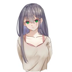 1girl black_hair degtyaryov2952 emma_white expressionless green_eyes highres long_hair naraku naraku_1 off-shoulder_shirt off_shoulder shirt solo upper_body white_shirt