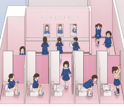 6+girls blue_jacket blue_skirt bra brown_hair jacket kiyo_(kyokyo1220) mirror multiple_girls original panties panty_pull pink_bra pleated_skirt public_restroom school_uniform skirt tile_floor tile_wall tiles toilet underwear white_panties
