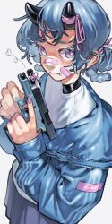 1girl bandaid blue_hair blue_jacket braid glock gun handgun highres holding holding_gun holding_weapon horns jacket kgm nail_polish original ribbon twin_braids weapon wrinkled_fabric