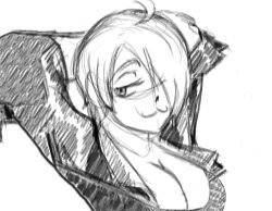 1girl angel_(kof) breasts cleavage curvy female_focus highres jacket large_breasts leather short_hair solo the_king_of_fighters white_hair