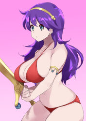 1girl armlet athena_(series) bikini breasts coveredcore curvy gluteal_fold gold hairband highres jewelry large_breasts long_hair nemo pale_skin princess_athena purple_hair red_bikini swimsuit themanyoukilled thick_thighs thighs weapon