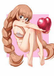 1girl balloon barefoot bikini braid breasts brown_eyes brown_hair cleavage commentary english_commentary glasses heart_balloon highres kodomo_no_jikan large_breasts low_twintails outside_border pink_background qingmingtongzi solo swimsuit twin_braids twintails two-tone_background usa_mimi white_bikini
