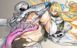 1girl alien black_gloves blonde_hair blue_bow blue_eyes blush boots bow breasts cape character_request clenched_teeth dress duel_monster epaulettes exosister_elis exosister_mikailis gloves graydle_slime green_dress hair_bow hair_ornament huge_breasts long_hair melon22 muscular muscular_female muscular_legs no_panties size_difference star_(symbol) star_hair_ornament sword teeth thick_thighs thigh_boots thighs torn_clothes weapon white_cape white_footwear yu-gi-oh!
