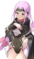 1girl absurdres bei_qi black_cloak black_leotard bow braid cloak closed_mouth collar commentary covered_navel fate/grand_order fate_(series) groin hair_bow hand_up headpiece highres leotard long_hair long_sleeves looking_at_viewer medusa_(fate) pink_bow pink_collar pink_hair purple_eyes simple_background single_braid solo symbol-only_commentary thigh_gap very_long_hair white_background