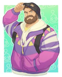 Rule 34 | 1boy, bara, beard, blue eyes, bucket hat, commentary request, destroyer (ni no kuni), facial hair, grin, hand on headwear, hat, highres, jacket, looking at viewer, male focus, mustache, ni no kuni: cross worlds, pink jacket, ryker, shirt, smile, upper body, yellow shirt