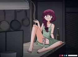1girl @_@ alcohol animated black_nails bocchi_the_rock! bottomless champagne closed_eyes dress drinking_straw drunk embarrassed fang feet green_dress hiroi_kikuri indoors interior juice_box keetydraws kitchen looking_at_viewer nail_(hardware) no_panties on_table ponytail pussy sharp_teeth table tagme talking teeth toes uncensored video