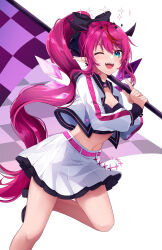 1girl black_choker blue_eyes breasts choker commentary crop_top crystal_wings double_halo english_commentary flag halo highres holding holding_flag hololive hololive_english irys_(hololive) jacket k-rumi long_hair looking_at_viewer medium_breasts official_alternate_costume one_eye_closed pointy_ears ponytail purple_hair red_hair simple_background skirt smile solo very_long_hair virtual_youtuber white_background white_jacket white_skirt