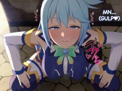 1boy 1girl after_fellatio aqua_(konosuba) blue_boots blue_eyes blue_hair blue_shirt blue_skirt boots breasts covered_erect_nipples cum cum_in_mouth cum_on_body cum_on_breasts cum_on_clothes cum_on_upper_body detached_sleeves english_text from_above hetero highres kono_subarashii_sekai_ni_shukufuku_wo! large_breasts large_variant_set long_hair looking_at_viewer outdoors prostitution shirt skirt smile squatting stray_pubic_hair swallowing tedain thigh_boots thighhighs variant_set white_sleeves white_thighhighs