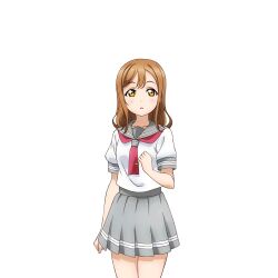 Rule 34 | 1girl, anime coloring, blush, brown hair, clenched hands, cowboy shot, grey sailor collar, grey skirt, hand up, kunikida hanamaru, long hair, looking at viewer, love live!, love live! school idol festival, love live! sunshine!!, miniskirt, neckerchief, official art, open mouth, pleated skirt, red neckerchief, sailor collar, school uniform, serafuku, shirt, short sleeves, skirt, solo, standing, straight-on, summer uniform, tie clip, transparent background, uranohoshi school uniform, white shirt, yellow eyes