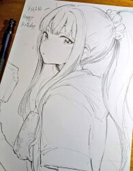 Rule 34 | 1girl, art tools in frame, blush, commentary request, dated, gasuri govan, graphite (medium), greyscale, hair ornament, hair scrunchie, happy birthday, inoue takina, long hair, looking at viewer, lycoris recoil, mechanical pencil, monochrome, pencil, ponytail, pout, scrunchie, sidelocks, solo, traditional media, upper body