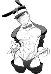 Rule 34 | 1boy, abs, absurdres, animal ears, bara, bare pectorals, bikini briefs, bulge, collared shrug, cropped torso, crossdressing, facial hair, funan0011, goatee stubble, golden kamuy, hat, highres, kepi, looking at viewer, male focus, male playboy bunny, male underwear, male underwear pull, meme attire, military hat, muscular, muscular male, navel, nipples, partially shaded face, pectorals, rabbit ears, reverse bunnysuit, reverse outfit, short hair, shrug (clothing), solo, stubble, thighhighs, tsukishima hajime, underwear