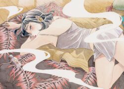 Rule 34 | 1girl, bare shoulders, battan8, black hair, blue eyes, copyright request, earrings, futon, highres, jewelry, looking at viewer, lying, makeup, medium hair, pajamas, shorts, smoke, solo