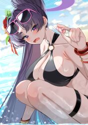 1girl absurdres bikini black_bikini blue_archive blush breasts cleavage earrings eyewear_on_head fang highres holding_seashell ito_(ito577) jewelry large_breasts long_hair looking_at_viewer official_alternate_costume official_alternate_hairstyle open_mouth parted_bangs pink-framed_eyewear ponytail skin_fang solo squatting stud_earrings sunglasses swimsuit thigh_strap yukari_(blue_archive) yukari_(swimsuit)_(blue_archive)