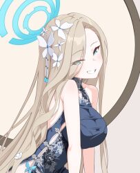 1girl absurdly_long_hair alternate_costume asuna_(blue_archive) black_shoes blue_archive blue_dress blue_eyes breasts brown_hair china_dress chinese_clothes clenched_teeth commentary_request dress flower grey_background hair_flower hair_ornament halo large_breasts legs long_hair looking_at_viewer sando_(dukedevil) shoes simple_background sitting smile solo teeth very_long_hair