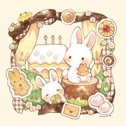 animal bush cake candle checkerboard_cookie commentary_request cookie curtains eating food fruit highres mokarooru no_humans original plaid_curtains signature strawberry tree_stump