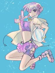 1girl aerial_fireworks alternate_costume arched_back ball beachball bikini bikini_shorts blue_background bracelet clothing_cutout drawstring earrings fire_emblem fire_emblem:_genealogy_of_the_holy_war fireworks flower frilled_bikini frills grin hair_between_eyes hair_flower hair_ornament highres holding holding_ball holding_beachball holding_water_gun jewelry kuohsan larcei_(fire_emblem) legs_up looking_at_viewer midriff navel necklace nintendo one_eye_closed open_clothes open_mouth open_shirt purple_bikini purple_eyes purple_hair purple_shoes sandals shoes short_hair_with_long_locks shorts smile solo summer swimsuit thigh_cutout twitter_username water_gun