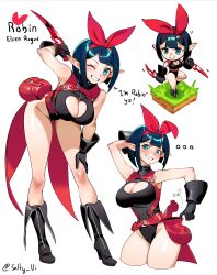 ... 1girl absurdres armpits bare_hips bare_legs bare_shoulders bent_over black_boots black_leotard blue_eyes blue_hair blunt_bangs blush bob_cut boots bow breasts cape character_name reference_sheet chibi chibi_inset cleavage cleavage_cutout clothing_cutout dagger dark_blue_hair dual_wielding elezen elf final_fantasy final_fantasy_xiv grin hair_bow hanging_breasts heattech_leotard high_collar high_heel_boots high_heels highleg highleg_leotard highres holding inverted_bob knee_boots knife large_breasts leotard looking_at_viewer medium_hair original pointy_ears pouch red_cape robin_(violet_sears) simple_background smile solo strap turtleneck violet_sears warrior_of_light_(ff14) weapon wide_hips zipper_pull_tab