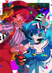 2girls @_@ alternate_costume alternate_eye_color apron arm_up biting biting_clothes black_background blue_dress blue_hair blue_hat border bow collared_shirt diagonal-striped_bow dress dress_shirt drill_hair fingernails grin hair_between_eyes hand_on_own_hip hat hat_bow hatsune_miku highres index_finger_raised kasane_teto kepi leaning_forward leaning_to_the_side mesmerizer_(vocaloid) military_hat mismatched_sclera multiple_girls open_mouth pants pinstripe_dress pinstripe_hat pinstripe_pattern red_bow red_eyes red_hair red_hat red_pants sailor_collar salute sharp_teeth shirt short_sleeves smile smiley_hat_ornament striped_clothes striped_shirt suspenders sweatdrop teeth twin_drills twintails two-finger_salute utau visor_cap vocaloid waist_apron white_apron white_border white_bow white_sailor_collar white_wrist_cuffs wing_collar wrist_cuffs yonojimo_ciix