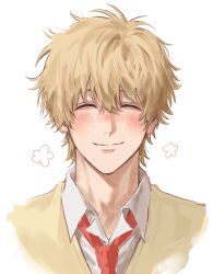 Rule 34 | 1boy, blonde hair, blush, closed eyes, closed mouth, collared shirt, cropped shoulders, facing viewer, highres, male focus, necktie, nose blush, red necktie, school uniform, shima sousuke, shirt, short hair, simple background, skip to loafer, smile, solo, sso s, tsubame nishi high school uniform, white background, white shirt