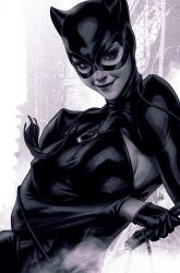 Rule 34 | 1girl, armpit cutout, batman (series), black bodysuit, black gloves, black mask, bodysuit, breasts, catwoman, clothing cutout, dc comics, gloves, highres, holding, holding whip, looking at viewer, medium breasts, selina kyle, signature, solo, stanley lau, textless version, upper body