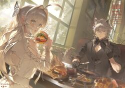 1boy 1girl absurdres animal_ear_fluff animal_ears arm_strap bacon black_gloves black_jacket black_shirt blue_eyes burger cheese chest_strap chewing chicken_(food) chicken_leg closed_mouth clothing_cutout commentary_request crossed_bangs cup dress dutch_angle eating egg_(food) food fork gloves grey_hair highres holding holding_fork holding_knife indoors jacket knife lettuce long_hair looking_at_viewer open_mouth original pectorals plate sausage shirt shoulder_cutout steak table tail tomato twitter_username white_dress white_hair window yunikon