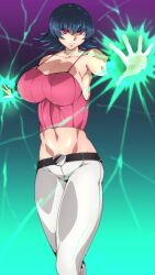 1girl belt belt_buckle blue_hair breasts buckle byakkun_(byakkun8181) cleavage crop_top energy fighting_stance glowing_hands gradient_background highres large_breasts looking_at_viewer midriff navel nintendo pants pink_shirt pokemon pokemon_hgss psychic_powers red_eyes sabrina_(pokemon) serious shirt short_hair taut_clothes toned toned_female toned_stomach white_pants wrist_cuffs