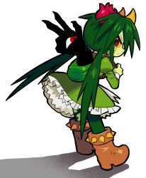 1girl backpack bag boots cactus_girl colored_sclera colored_skin commentary creature dress full_body green_dress green_hair green_pantyhose green_skin highres juliet_sleeves long_hair long_sleeves looking_at_viewer looking_back low_twintails monster_girl original pantyhose plant_girl puffy_sleeves red_eyes satanmanse shadow simple_background solo thorns twintails very_long_hair white_background yellow_sclera