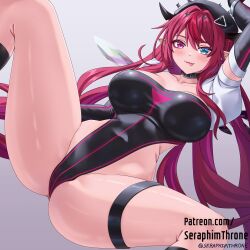 1girl alternate_costume asymmetrical_wings beret black_gloves black_hat black_leotard black_wings blue_eyes blush breasts cleavage closed_mouth collarbone commentary detached_sleeves elbow_gloves english_commentary fang gloves grey_background hat heterochromia highleg highleg_leotard highres hololive hololive_english irys_(hololive) large_breasts leotard long_hair multicolored_hair paid_reward_available pointy_ears puffy_short_sleeves puffy_sleeves purple_eyes purple_hair red_hair seraphim_throne short_sleeves simple_background solo spread_legs strapless strapless_leotard streaked_hair tongue tongue_out two-tone_hair virtual_youtuber white_wings wings