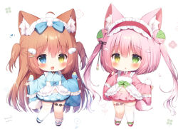 2girls ahoge animal_ear_fluff animal_ears apron asymmetrical_legwear bird black_bow black_ribbon black_sandals blue_bow blue_eyes blue_kimono blue_skirt blush bow brown_bow chibi chibi_only cloud_print commentary_request cropped_kimono double_bun fang fox_ears fox_girl fox_tail frilled_apron frilled_sleeves frilled_socks frills green_bow green_eyes hair_bow hair_bun hair_ornament hair_petal hair_ribbon heterochromia japanese_clothes kimono komako_(momozu_komamochi) long_hair long_sleeves maid maid_headdress miniskirt mochiko_(momozu_komamochi) momozu_komamochi multiple_girls open_mouth original pink_hair pink_kimono pink_skirt pleated_skirt red_shoes ribbon sandals shoes skirt smile socks tail thigh_bow thigh_strap thighhighs twintails two_side_up uneven_legwear wa_maid white_apron white_socks white_thighhighs wide_sleeves wing_hair_ornament yellow_eyes