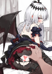 1boy 1girl after_vaginal aftersex bare_shoulders bat_wings bed_sheet black_bow black_dress black_gloves black_panties black_pantyhose blush bow breasts commission cum cum_in_pussy cumdrip curtains demon_girl dress fang fishnet_pantyhose fishnets flower frilled_dress frills gloves grabbing_another&#039;s_ass groping hair_ornament heart kusugi_tai long_hair looking_at_viewer looking_back mare_(ac8231) on_bed original panties pantyhose red_eyes red_flower red_rose rose skeb_commission solo_focus sweat underwear white_hair wings