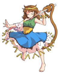 1girl alphes_(style) barefoot blue_dress brown_hair circlet closed_eyes closed_mouth commentary_request dairi detached_sleeves dress full_body green_dress large_variant_set long_hair low_twintails monkey_tail multicolored_dress parody prehensile_tail single-shoulder_dress single_detached_sleeve solo son_biten standing style_parody tachi-e tail test_tube touhou transparent_background twintails variant_set white_sleeves yellow_dress