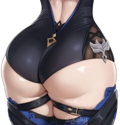 1girl ass ass_focus back_cutout backless_leotard black_leotard boots close-up clothing_cutout cowboy_shot eula_(genshin_impact) genshin_impact gloves highres impossible_clothes impossible_leotard leotard lower_body median_furrow shorts simple_background solo standing sylphy_(user_nngk5244) thick_thighs thigh_boots thighs underbutt white_background