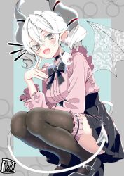 1girl absurdres black_skirt black_thighhighs blue_background border breasts demon_girl demon_horns demon_tail demon_wings drill_hair duel_monster earrings full_body grey_border grey_eyes high-waist_skirt high_heels highres horns jewelry large_breasts lovely_labrynth_of_the_silver_castle pink_shirt pleated_skirt pointy_ears shirt simple_background skirt solo tail tama_amata thighhighs thighs transparent_wings twin_drills white_hair white_tail white_wings wings yu-gi-oh!