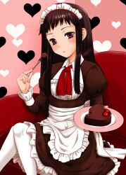 1girl apron ar_tonelico ar_tonelico_ii black_dress black_hair blush cake chocolate_cake commentary_request dress food heart inumori_sayaka jakuri_(ar_tonelico) long_hair looking_at_viewer maid maid_headdress pantyhose purple_eyes sitting solo white_pantyhose