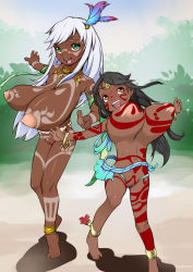 2girls :d black_hair breasts brown_eyes cleft_of_venus collarbone dark-skinned_female dark_skin day height_difference highres huge_breasts j7w j7w_village jewelry large_areolae long_hair multiple_girls navel necklace nipples nude open_mouth oppai_loli original outdoors pussy shiny_skin sky smile standing sweat tattoo teeth tribal uncensored upper_teeth_only white_hair