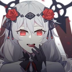 Rule 34 | 1girl, :d, black dress, blood, blood on face, blurry, blurry background, commentary, dress, english commentary, fangs, flower, hair flower, hair ornament, highres, honkai (series), honkai impact 3rd, long hair, looking at viewer, open mouth, petals, red eyes, red flower, red rose, rose, simple background, smile, solo, sword, theresa apocalypse, theresa apocalypse (luna kindred), twintails, upper body, vampire, vanyayoe3, weapon, white background, white hair