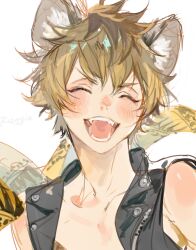 1boy animal_ears bare_shoulders black_vest blonde_hair blush closed_eyes commentary_request fangs hyena_boy hyena_ears korean_commentary kuzuvine lapels leather leather_vest male_focus notched_lapels open_mouth parted_bangs ruggie_bucchi shiny_skin short_hair sketch solo teeth tongue twisted_wonderland unfinished unzipped upper_body vest white_background zipper