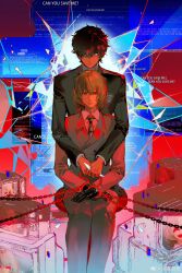 2boys absurdres akechi_gorou amamiya_ren arms_around_neck artist_name black_gloves black_hair black_jacket black_necktie black_pants blue_screen_of_death bound bound_wrists breast_pocket broken_glass brown_coat brown_hair brown_pants candlebones chain closed_mouth coat collared_shirt commentary cuffs english_commentary error_message expressionless front-to-back furrowed_brow glass glass_shard glitch gloves handcuffs hands_on_lap highres holding holding_chain holding_glass_shard jacket kosei_high_school_uniform lapels legs_together light_frown long_sleeves looking_at_viewer male_focus multiple_boys necktie notched_lapels pants persona persona_5 pocket red_eyes school_uniform shirt short_hair shuujin_academy_school_uniform sitting standing stool striped_necktie television turtleneck watermark weibo_watermark weibo_watermark white_eyes white_shirt window_(computing) wing_collar
