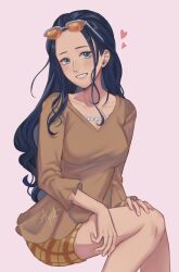 Rule 34 | 1girl, artist name, ayat chan, black hair, blue eyes, brown shirt, commentary, english commentary, eyewear on head, heart, highres, invisible chair, jewelry, long hair, looking at viewer, necklace, nico robin, nico robin (wano), one piece, orange-tinted eyewear, pearl necklace, pink background, plaid clothes, plaid skirt, shirt, signature, simple background, sitting, skirt, smile, solo, tinted eyewear