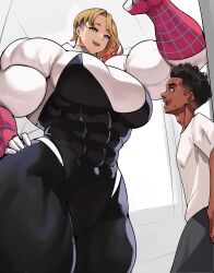 Rule 34 | 1boy, 1girl, abs, absurdres, biceps, blonde hair, bodysuit, gwen stacy, height difference, highres, marvel, miles morales, multicolored bodysuit, musctonk, muscular, muscular female, size difference, spider-gwen, spider-man (series), superhero costume, tall female, thick thighs, thighs