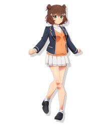 1girl brown_hair full_body green_eyes hair_ornament hairclip highres jacket looking_at_viewer official_art pleated_skirt shiromaru_mito short_hair skirt smile socks solo standing transparent_background white_skirt world_dai_star