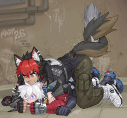Rule 34 | 2boys, all fours, animal ears, artist name, black jacket, blue eyes, blush, cat boy, cat ears, cat tail, commentary request, cross scar, dated, dog boy, dog ears, dog tail, earrings, finger in another&#039;s mouth, jacket, jewelry, komano manato, looking at another, male focus, multicolored hair, multiple boys, notice lines, paid reward available, radx26, scar, scar across eye, scar on face, scar on shoulder, seth lowell, tail, tail wrap, white hair, yaoi, zenless zone zero