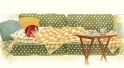 1girl bed blanket blush closed_eyes couch cup cushion dessert food highres indoors lying monlopolo on_couch on_side original pillow plate red_hair short_hair simple_background sleeping solo table teacup white_background wooden_table