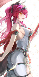 Rule 34 | 1girl, armlet, armor, ass, backless bodysuit, backless outfit, bodysuit, breastplate, breasts, chromatic aberration, commentary request, cowboy shot, earrings, hair ornament, hairband, halterneck, headgear, highres, holding, holding polearm, holding weapon, jewelry, long hair, looking at viewer, lupa (wuthering waves), medium breasts, metal hairband, partial commentary, pink hair, polearm, red sash, sash, sideways glance, smile, solo, tail, toricky, weapon, white bodysuit, wolf tail, wuthering waves, yellow eyes