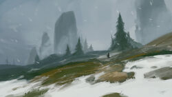 absurdres cloud cloudy_sky fog grass highres hill landscape mountain original painterly pine_tree refiend scenery signature sky snow snowing snowstorm tree
