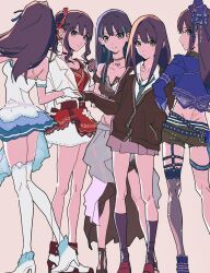 absurdres black_cardigan black_socks bloom_into_me15 brown_background brown_hair cardigan choker closed_mouth dress full_body green_eyes green_necktie grin hat high_heels highres idolmaster idolmaster_cinderella_girls jacket long_hair long_sleeves looking_at_viewer mini_hat multiple_persona necktie o-ring o-ring_thigh_strap red_shoes shibuya_rin shirt shoes simple_background single_thighhigh skirt smile socks standing starry_sky_bright_(idolmaster) strapless strapless_dress striped_necktie thigh_strap thighhighs white_dress white_jacket white_shirt white_thighhighs